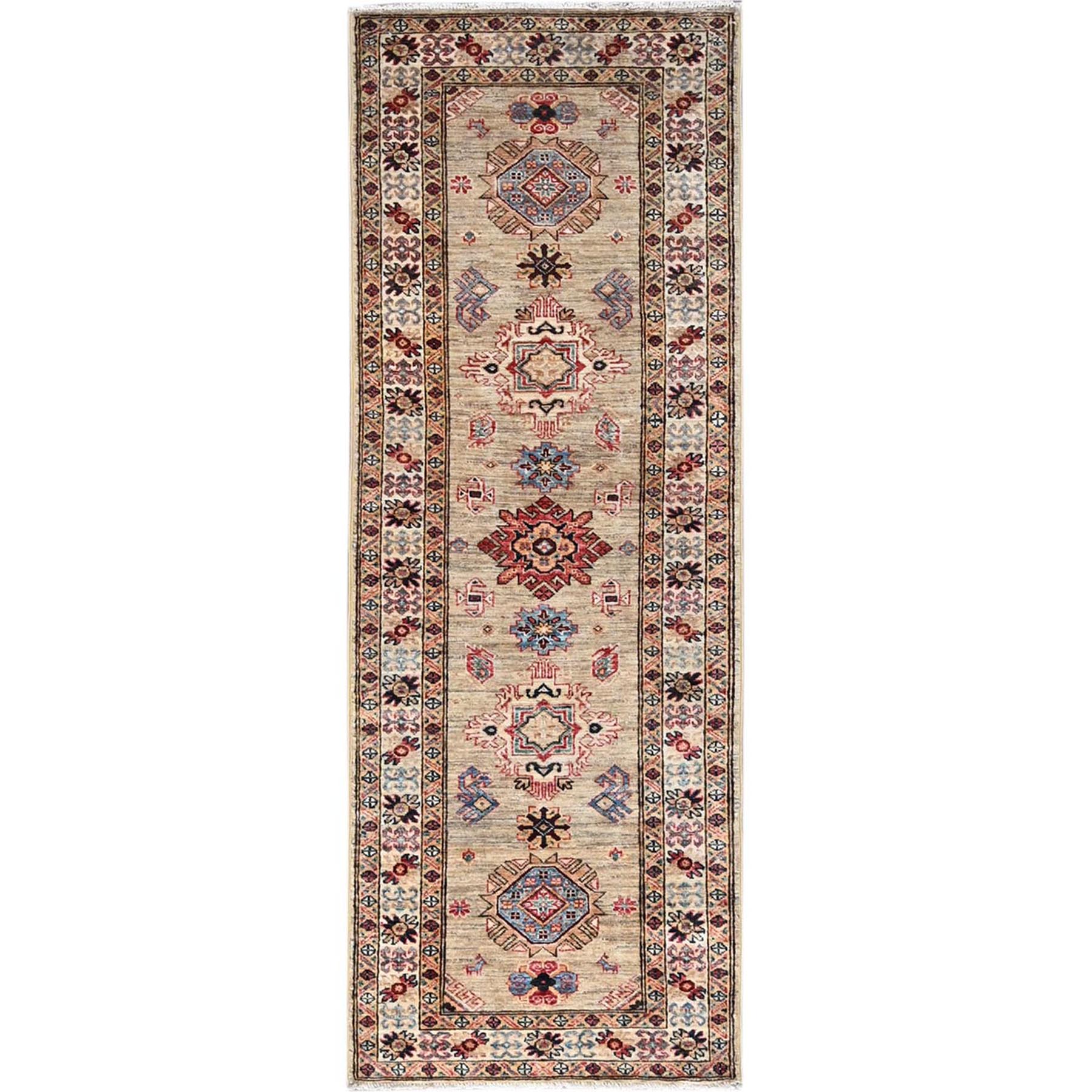 Aged White, Hand Knotted Soft Wool, Densely Woven Vegetable Dyes, Afghan Super Kazak With All Over Tribal Medallions Design, Oriental Runner Rug